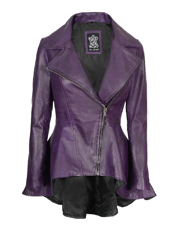 Womens Asymmetrical Peplum Purple Leather Jacket