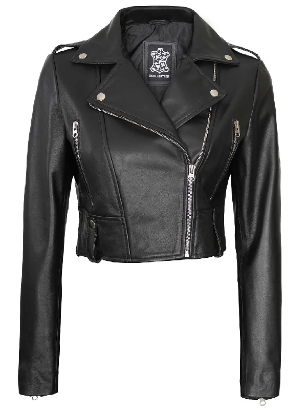 Colleen Women's Black Biker Cropped Leather Jacket