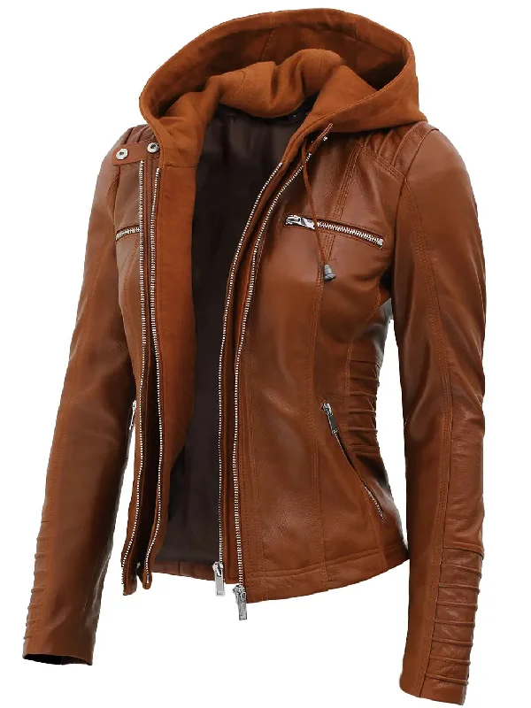 Womens Cognac Cafe Racer Leather Jacket With Removable Hood