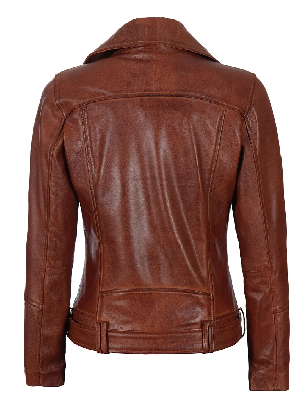 Elisa Womens Cognac Brown Asymmetrical Motorcycle Leather Jacket