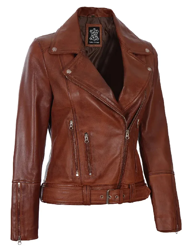 Elisa Womens Cognac Brown Asymmetrical Motorcycle Leather Jacket