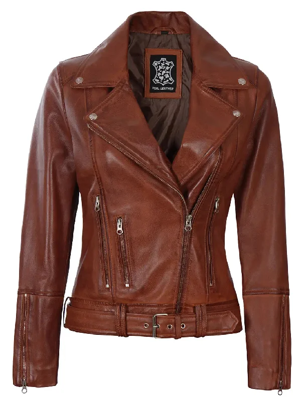 Elisa Womens Cognac Brown Asymmetrical Motorcycle Leather Jacket