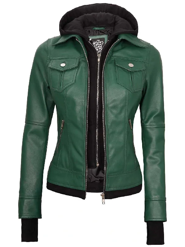 Womens Biker Green Leather Jacket with Hood