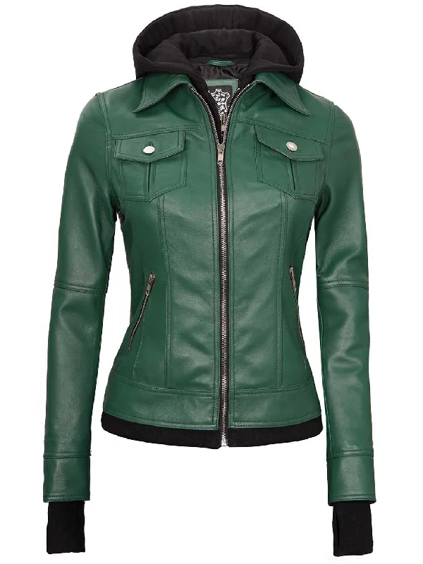 Womens Biker Green Leather Jacket with Hood