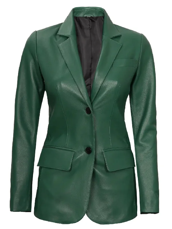 Womens Green Two-Button Leather Blazer