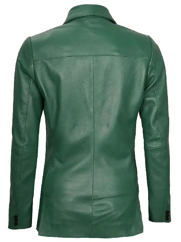 Womens Green Two-Button Leather Blazer