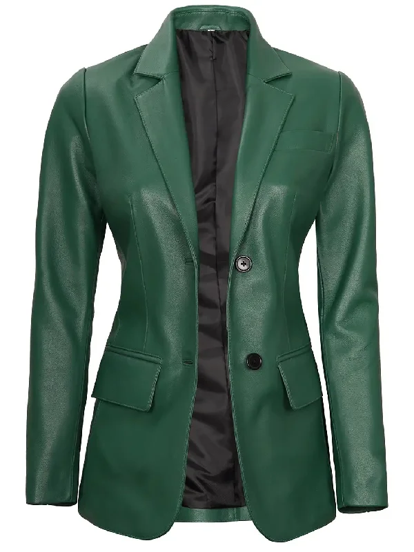 Womens Green Two-Button Leather Blazer