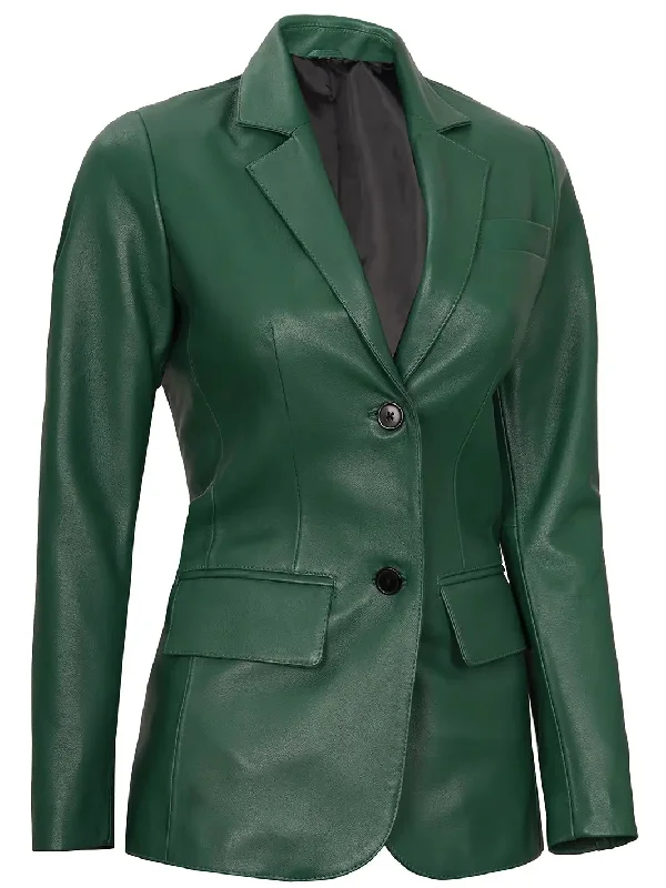 Womens Green Two-Button Leather Blazer