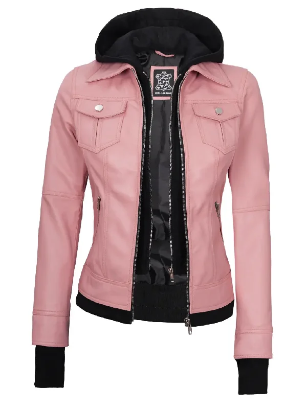 Women's Pink Hooded Leather Motorcycle Jacket