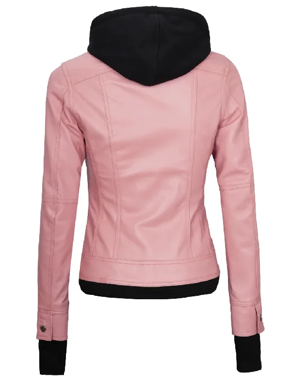 Women's Pink Hooded Leather Motorcycle Jacket