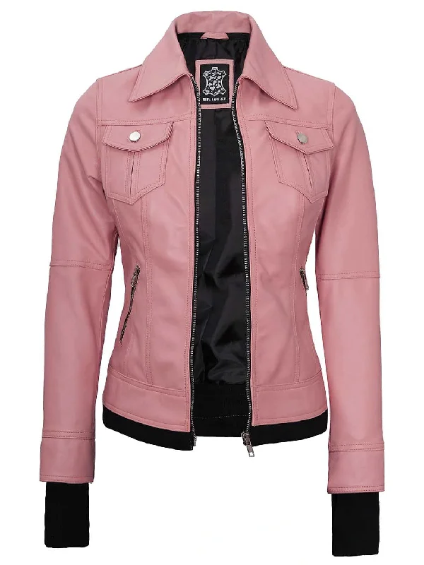 Women's Pink Hooded Leather Motorcycle Jacket