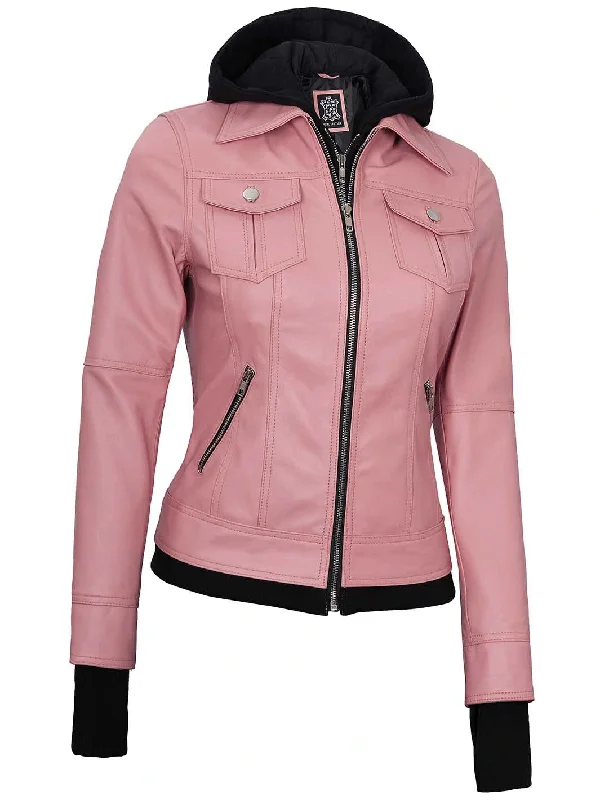 Women's Pink Hooded Leather Motorcycle Jacket