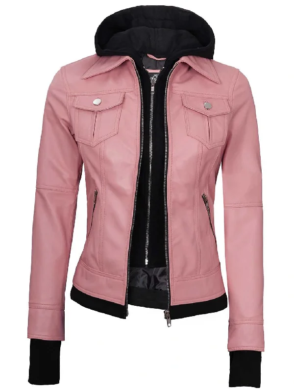 Women's Pink Hooded Leather Motorcycle Jacket