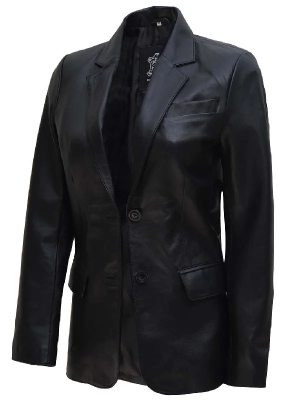 Women's Black Two Button Real Leather Blazer