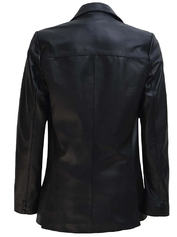 Women's Black Two Button Real Leather Blazer