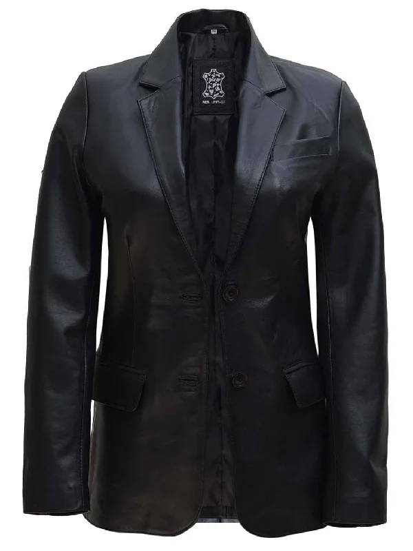 Women's Black Two Button Real Leather Blazer