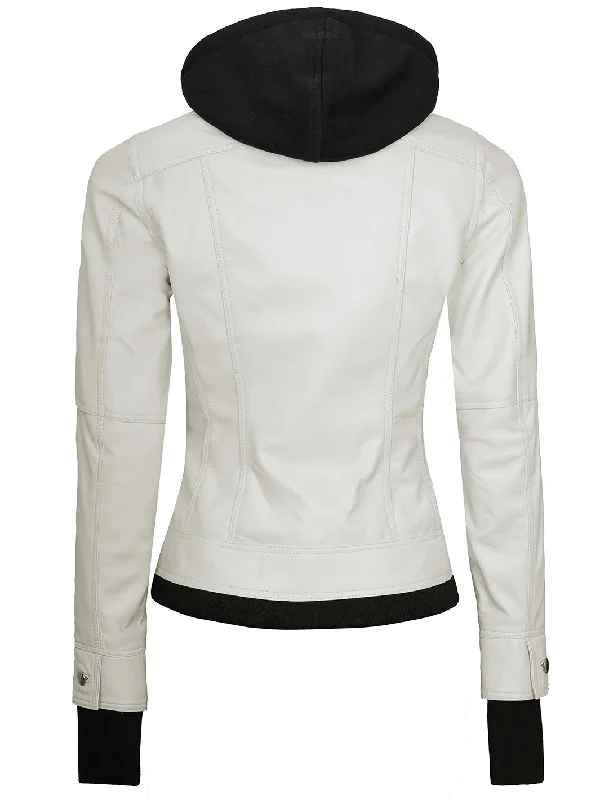 Womens Off White Motorcycle Leather Jacket with Hood