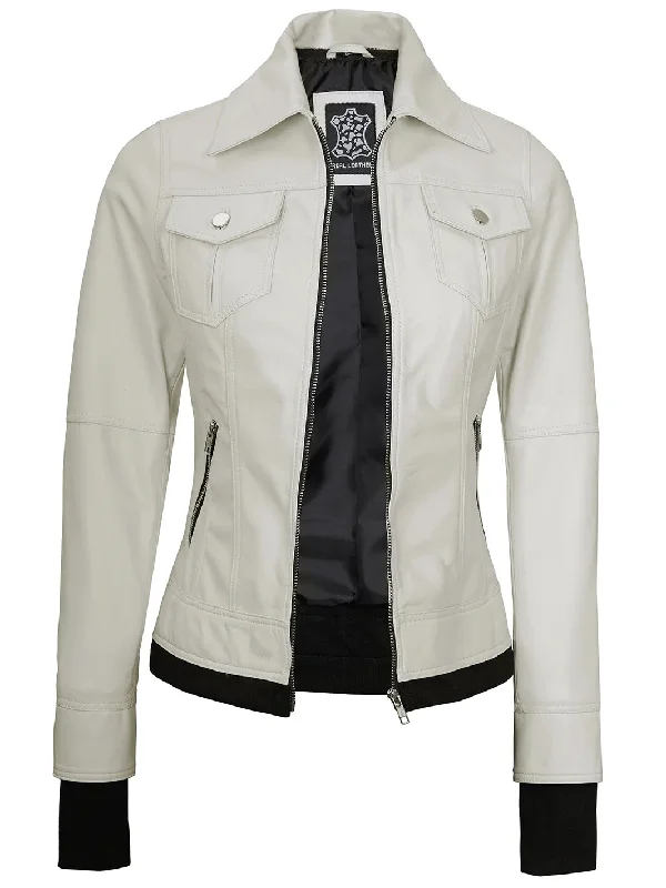 Womens Off White Motorcycle Leather Jacket with Hood