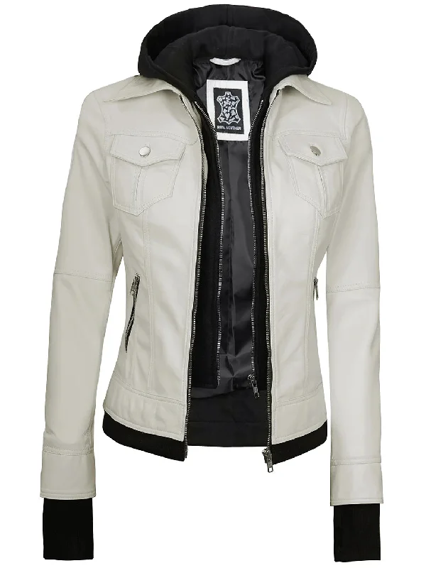 Womens Off White Motorcycle Leather Jacket with Hood