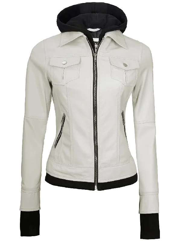 Womens Off White Motorcycle Leather Jacket with Hood