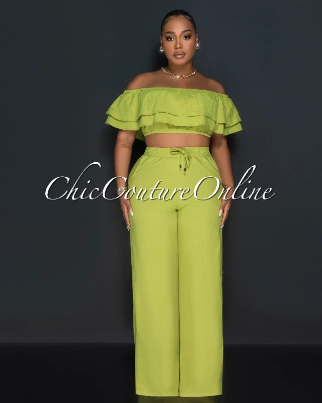 Yuri Olive Green Ruffle Crop Top & Wide Pants Set