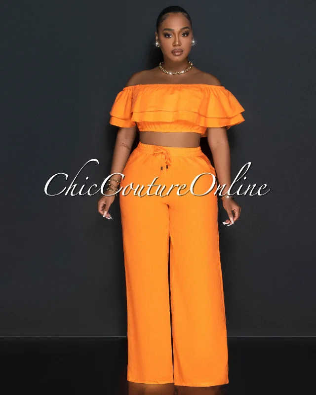 Yuri Orange Ruffle Crop Top & Wide Pants Set