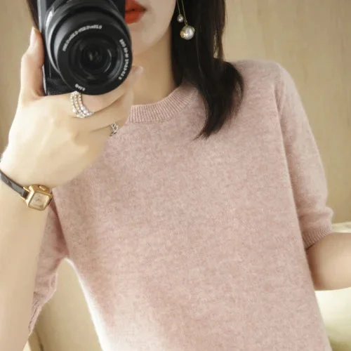 2023 Spring Summer Womens Sweater Short Sleeve O-neck Slim Fit Knitted Pullovers Bottoming Casual Knitwear Camel Pink Clothes