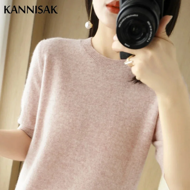 2023 Spring Summer Womens Sweater Short Sleeve O-neck Slim Fit Knitted Pullovers Bottoming Casual Knitwear Camel Pink Clothes