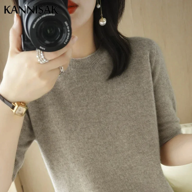 2023 Spring Summer Womens Sweater Short Sleeve O-neck Slim Fit Knitted Pullovers Bottoming Casual Knitwear Camel Pink Clothes