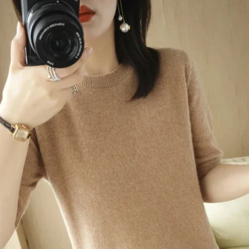 2023 Spring Summer Womens Sweater Short Sleeve O-neck Slim Fit Knitted Pullovers Bottoming Casual Knitwear Camel Pink Clothes