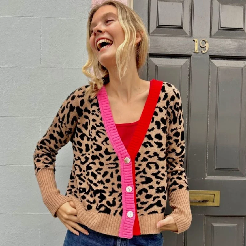 Leopard Print Cashmere Blend Cardigan Pink and Red