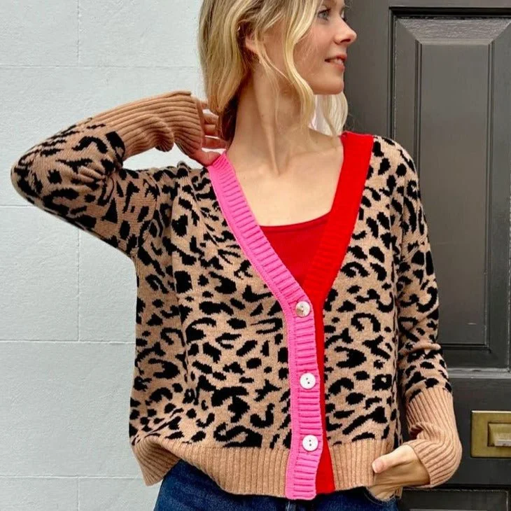 Leopard Print Cashmere Blend Cardigan Pink and Red