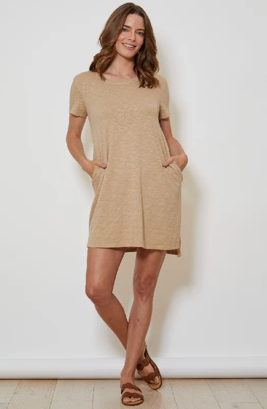 Short Sleeve Open Crew T-shirt Dress in Raw Oats