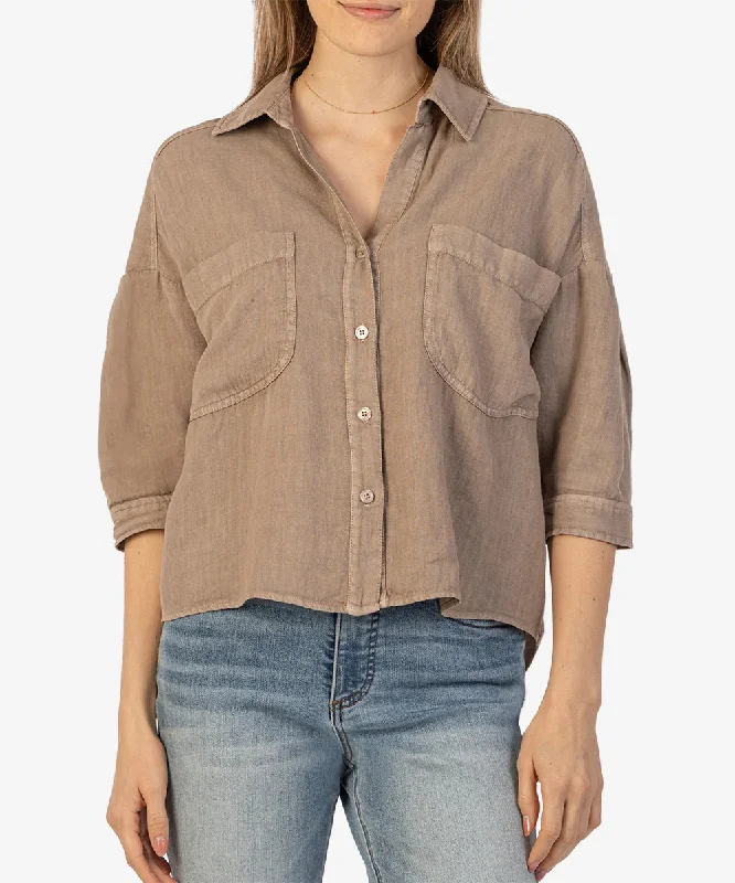 Zuma Drop Shoulder Crop Button Down (Stone)