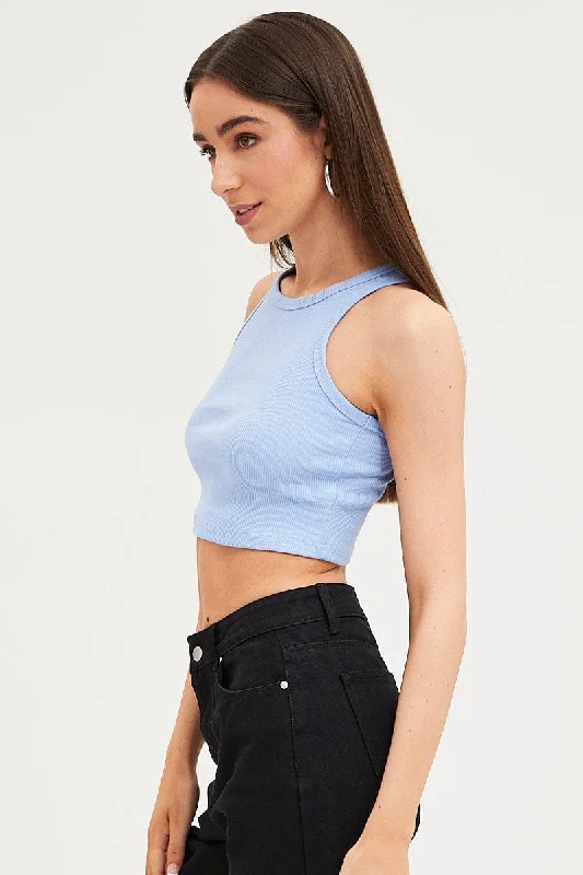 Blue Tank Top Sleeveless Crew Neck