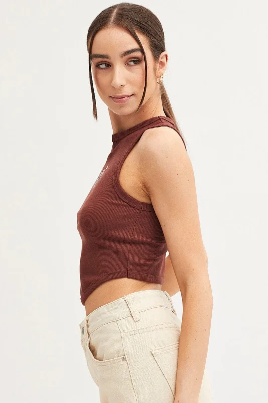 Brown Tank Crew Neck Curved Hem Rib