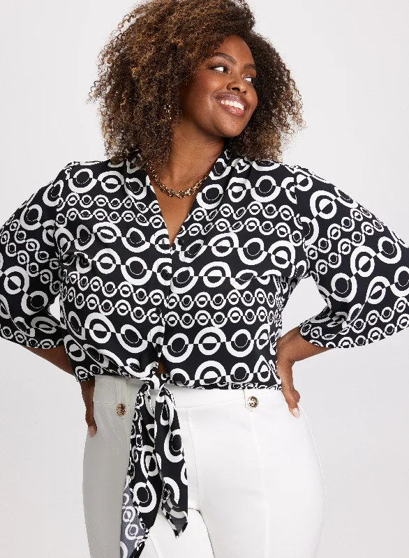 Tie-Front Geometric Print Blouse