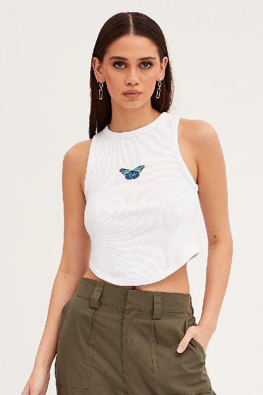 White Crop Tank Sleeveless Curved Hem Rib Butterfly