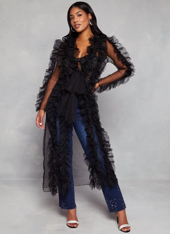 Mesh Ruffle Trim Tie Front Duster