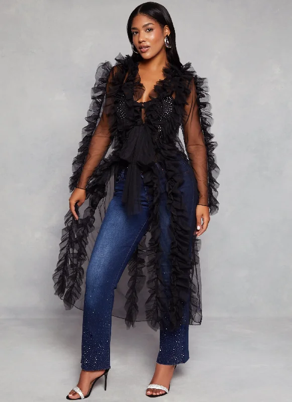 Mesh Ruffle Trim Tie Front Duster