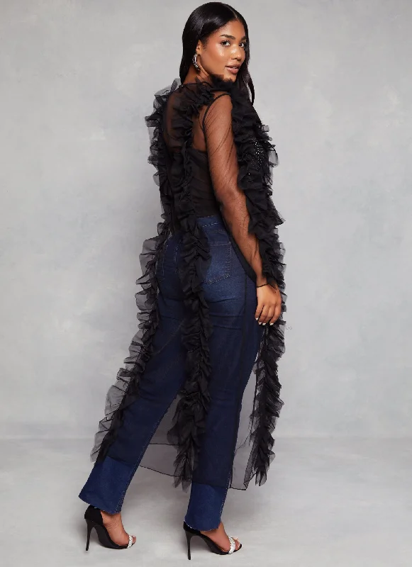 Mesh Ruffle Trim Tie Front Duster