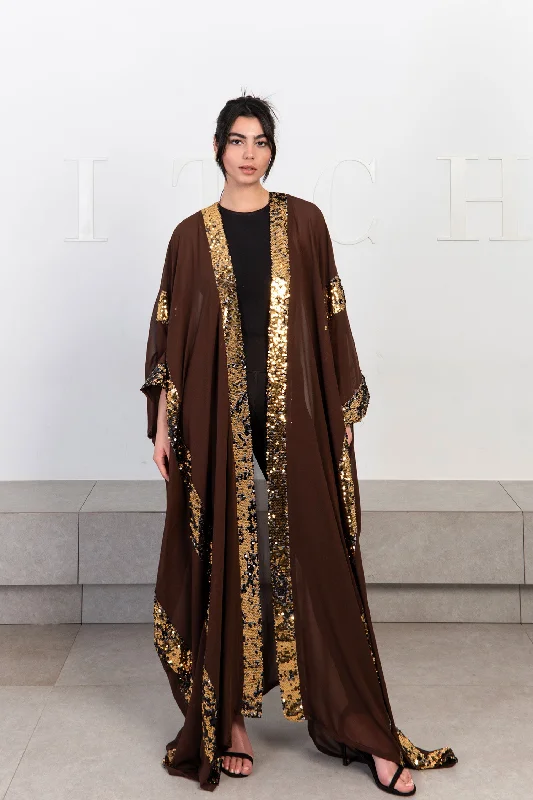 Brown Chiffon Kaftan With Sequined Stripes - Mayalicious