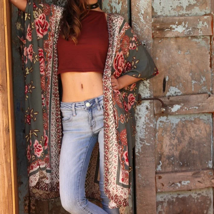 Women's Olive Boho Printed Kimono (Available in Regular & Plus Sizes)