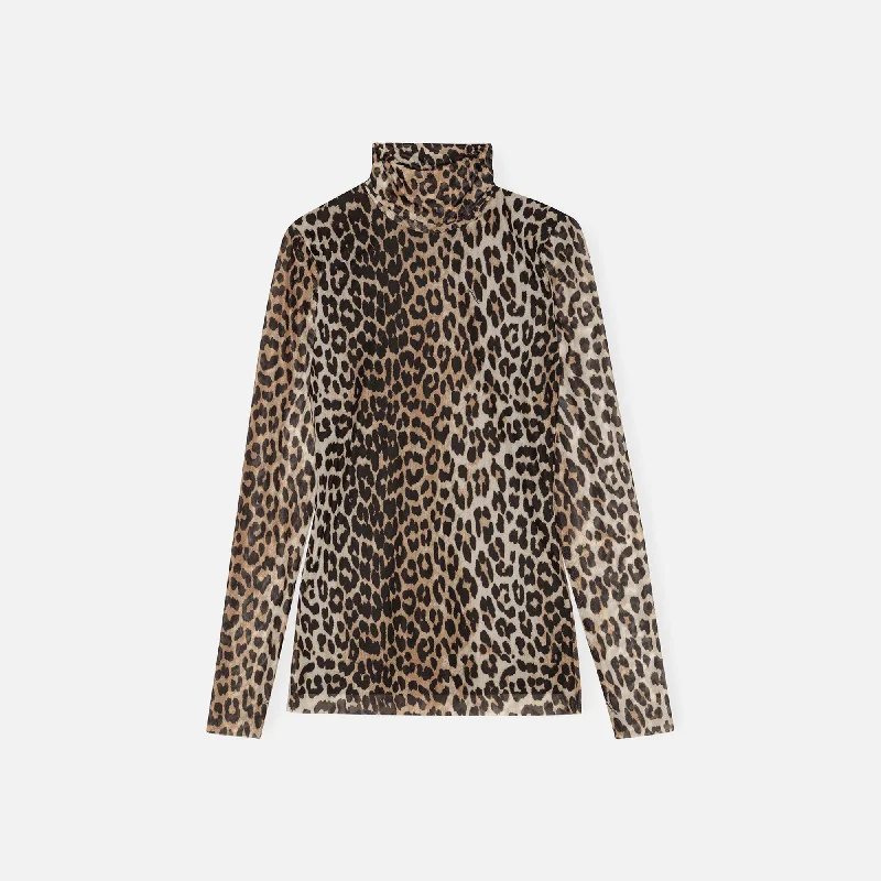 Ganni Printed Mesh Long Sleeve Rollneck - Leopard