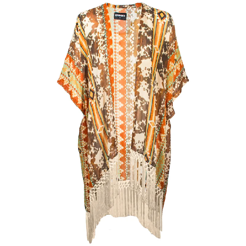 Ladies Long Kimono Tan/Cream/Orange with Cream Fringe