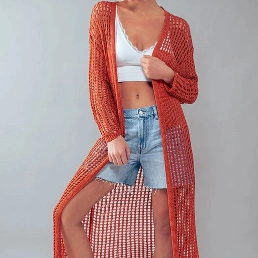 Women's Crochet Lace Long Summer Cardigan in (Rust or Sage)