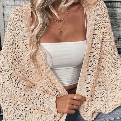 Women's Pointelle Hollowed Knit Cardigan in Apricot