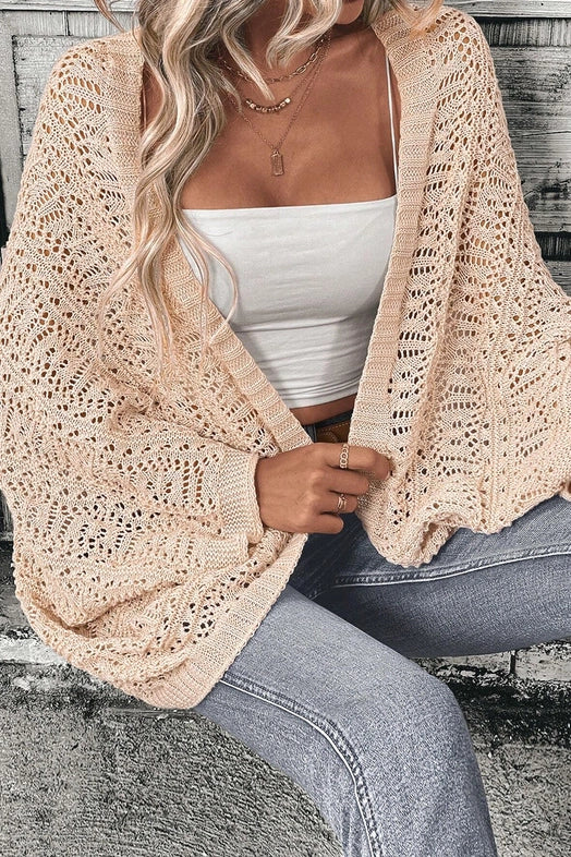 Women's Pointelle Hollowed Knit Cardigan in Apricot