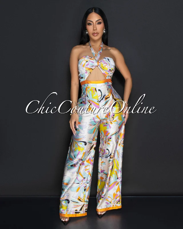 Annika Beige Yellow Multi Halter Wide Legs Jumpsuit