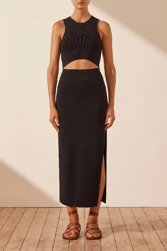 BASIC MIDI SKIRT WITH SPLIT - BLACK